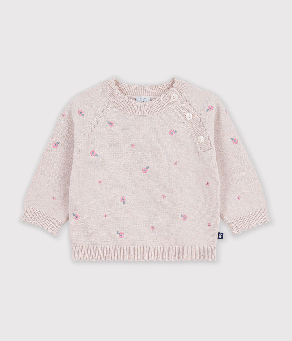 pull bebe en laine et coton et fleurs brodees