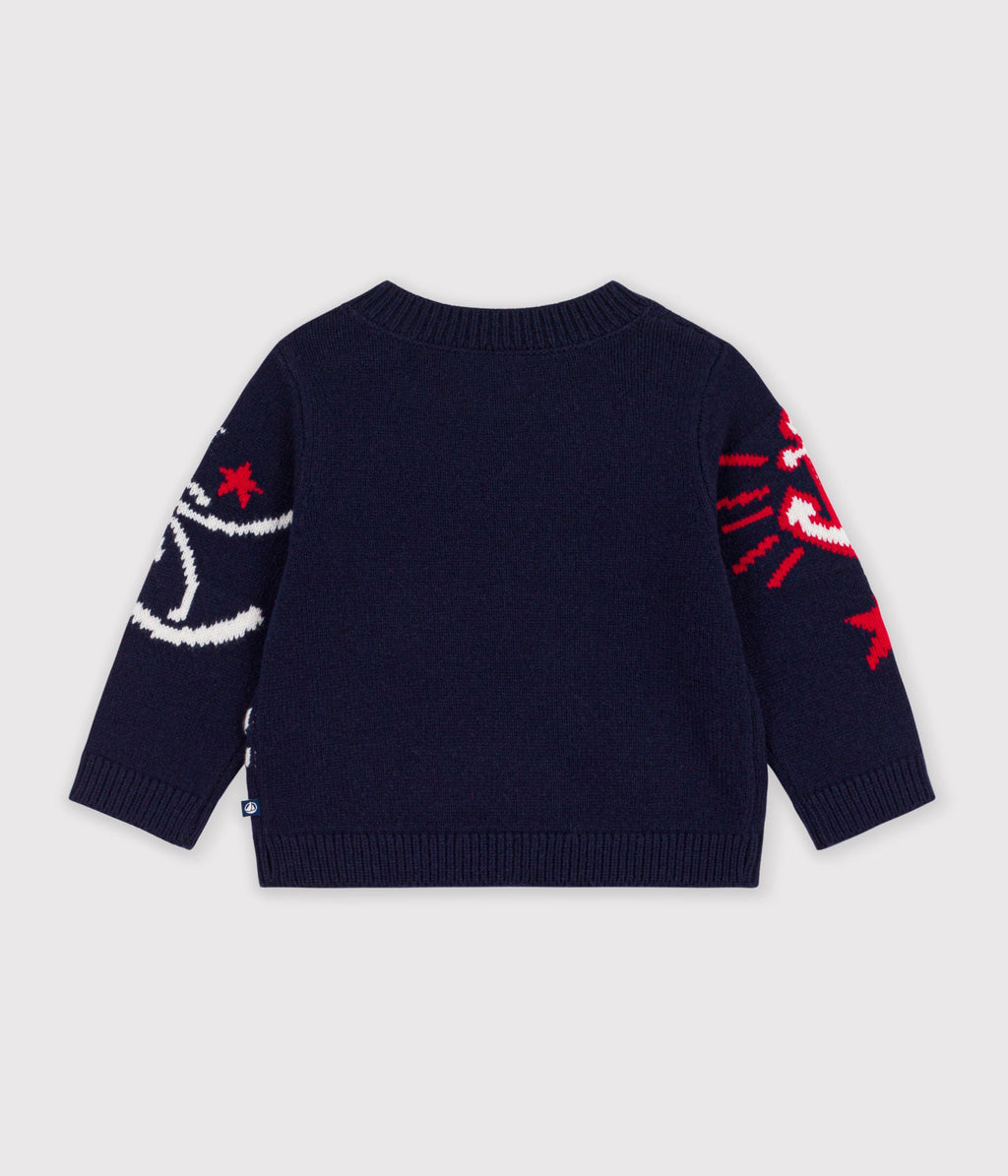 pull bebe en laine et coton a motifs jacquard bleu