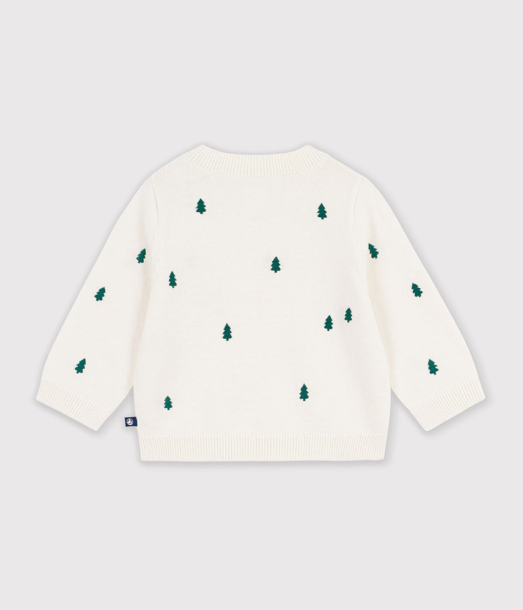 pull bebe en laine et coton et sapins brodees