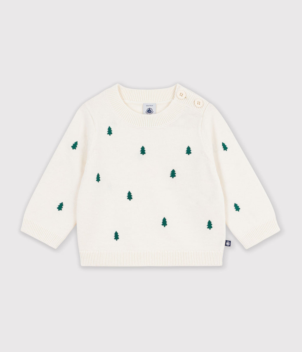 pull bebe en laine et coton et sapins brodees