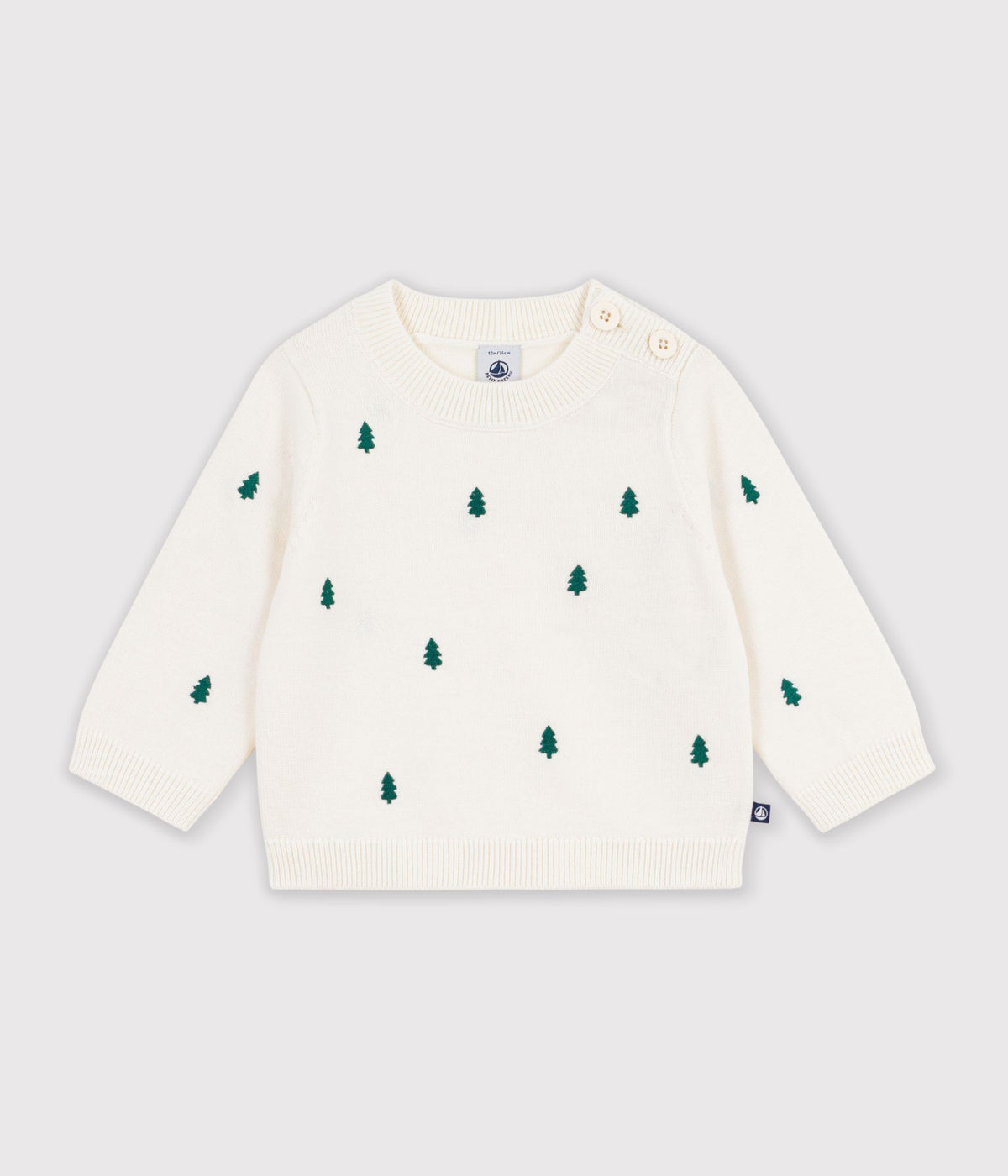 pull bebe en laine et coton et sapins brodees