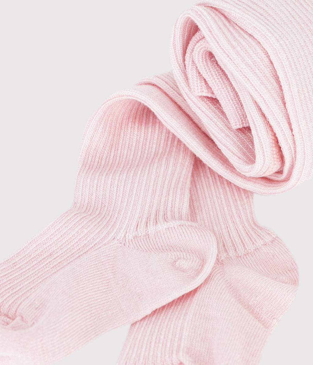 collants bebe en laine et coton unis rose