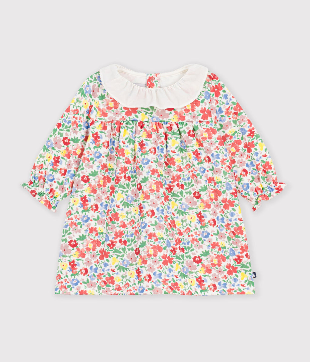 robe bebe en coton manches longues imprimee a fleurs blanc