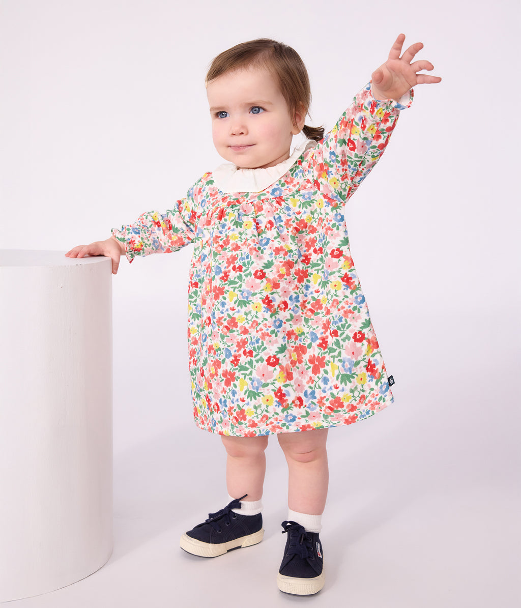 robe bebe en coton manches longues imprimee a fleurs blanc