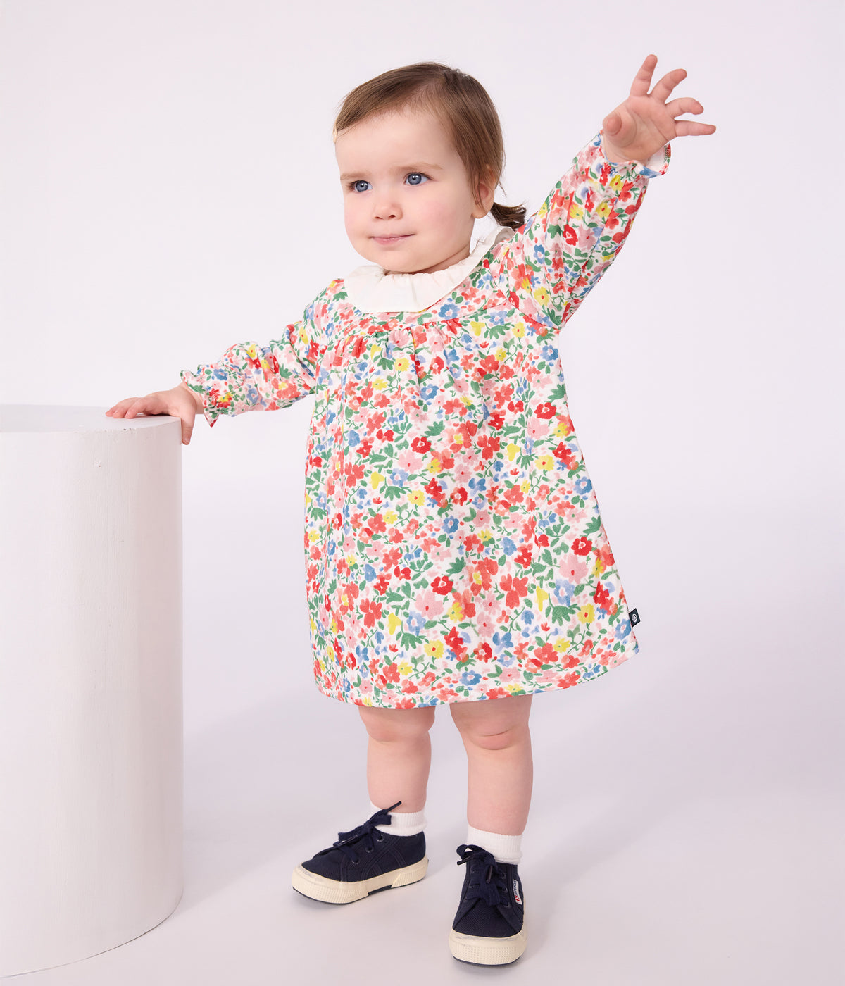 robe bebe en coton manches longues imprimee a fleurs blanc