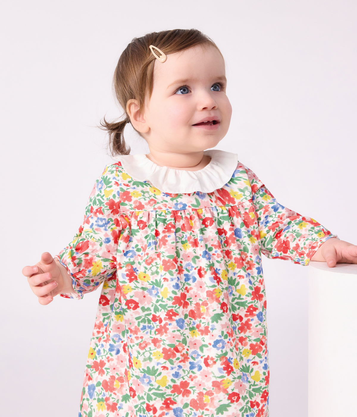 robe bebe en coton manches longues imprimee a fleurs blanc