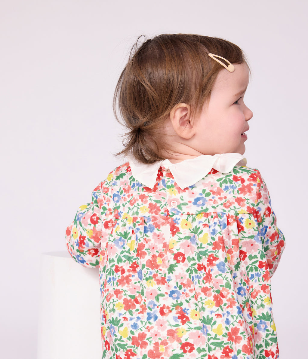 robe bebe en coton manches longues imprimee a fleurs blanc