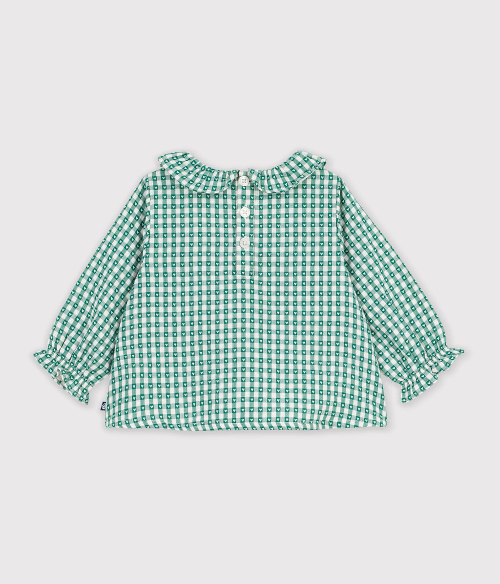 blouse bebe en coton manches longues imprimee vichy coeurs