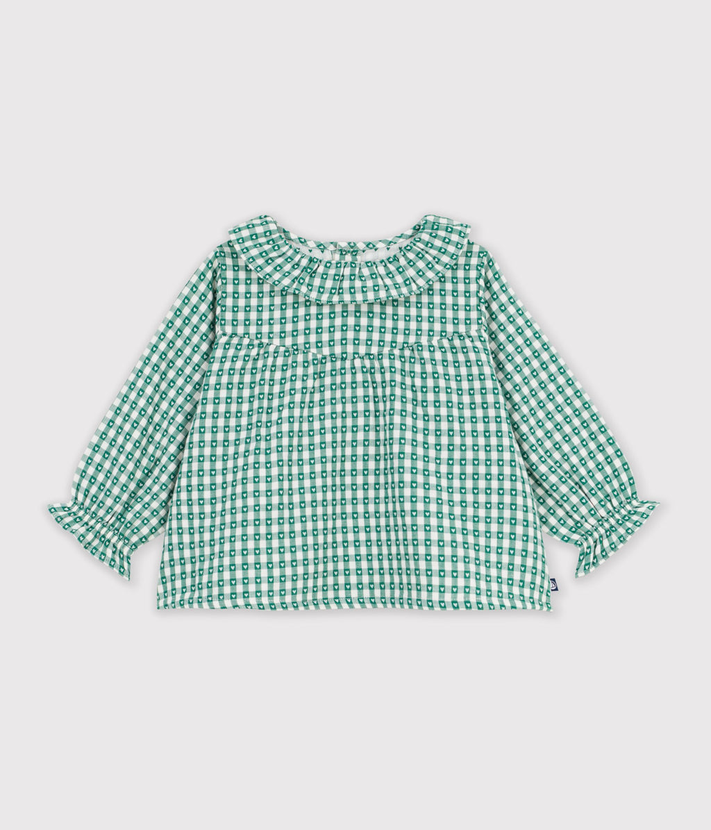 blouse bebe en coton manches longues imprimee vichy coeurs