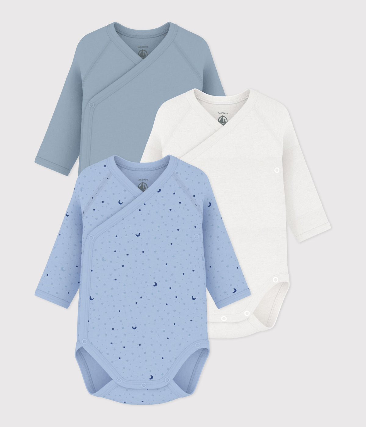 Lot de 3 bodies croisés manches longues en coton imprimé bébé · A0GEO00