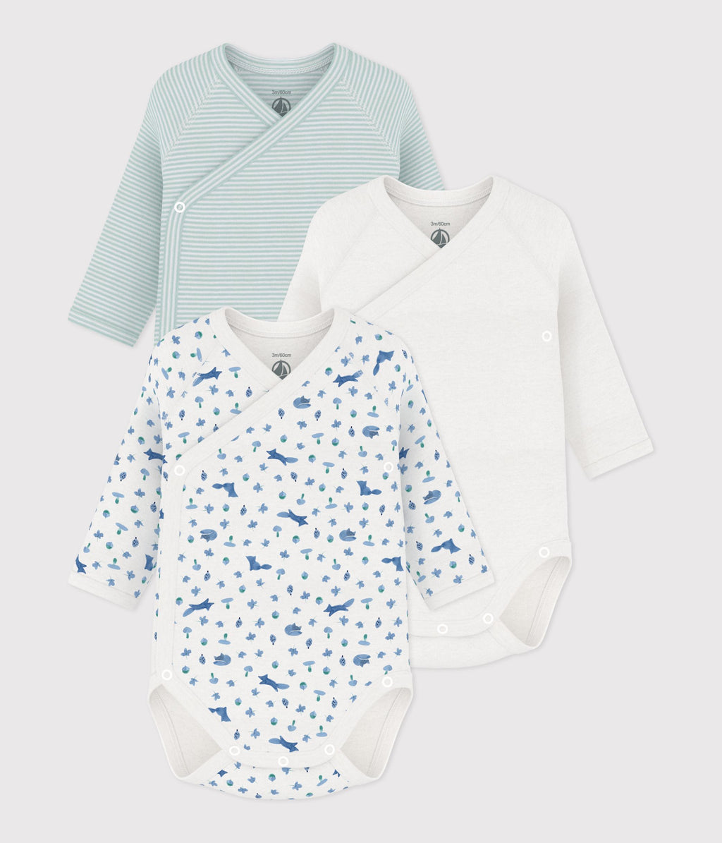 Pack of 3 crossover long-sleeved printed cotton baby bodysuits · A0GF000