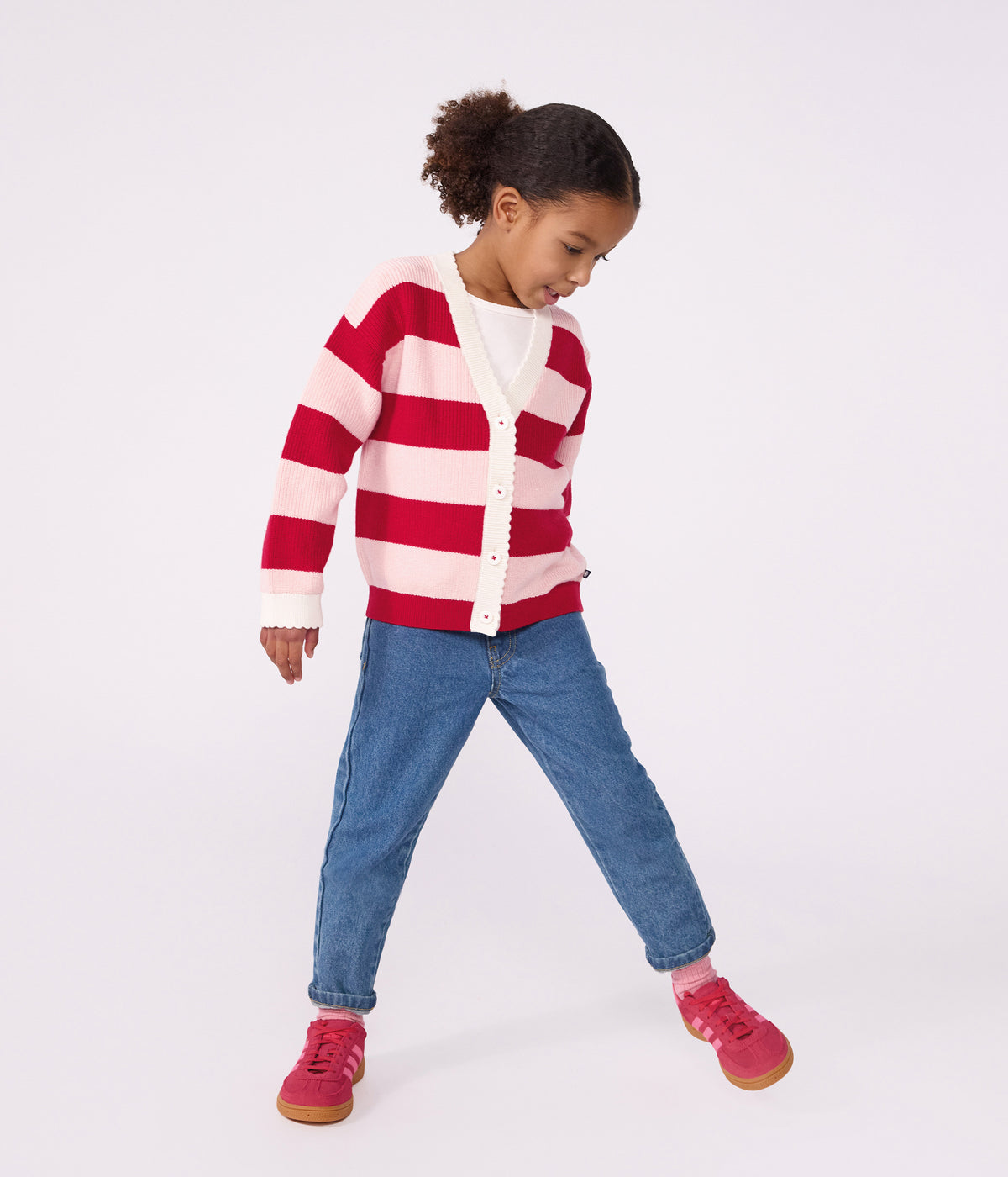 cardigan enfant en laine et coton a rayures rose