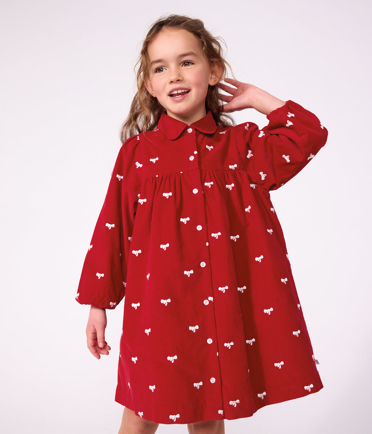 robe enfant en velours manches longue imprimee noeuds