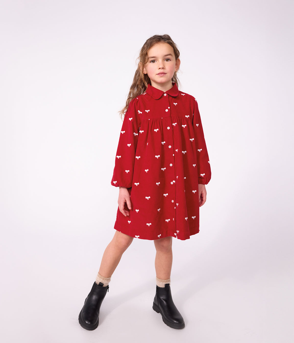 robe enfant en velours manches longue imprimee noeuds