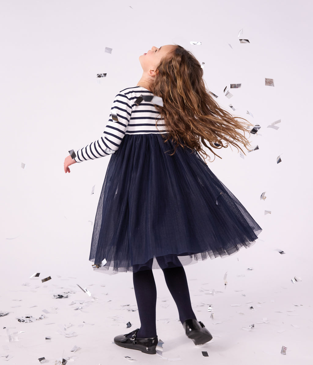 robe enfant en coton et tulle manches longues a rayures
