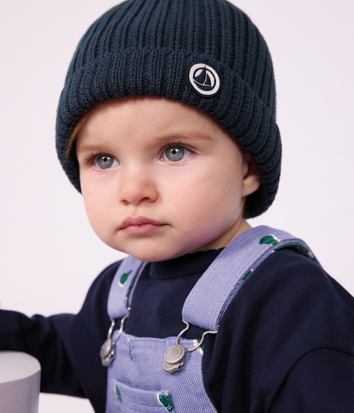 bonnet bebe en tricot double en polaire bleu marine
