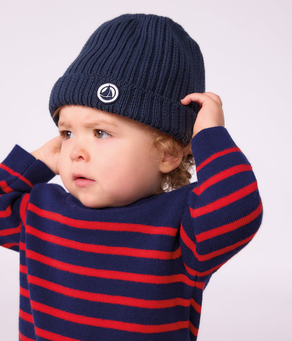 bonnet bebe en tricot double en polaire bleu marine