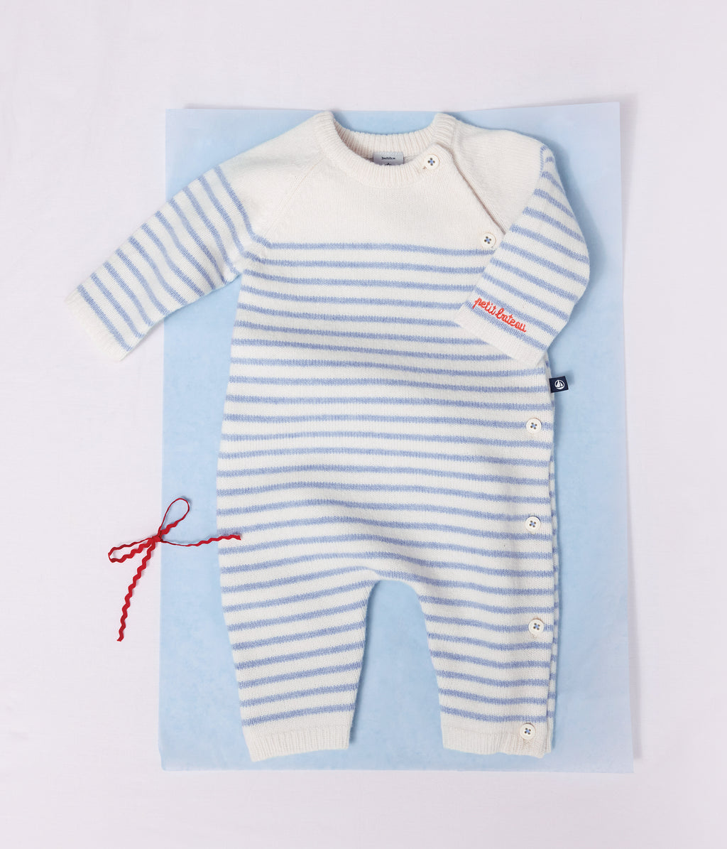 combinaison bebe en tricot laine et coton a rayures