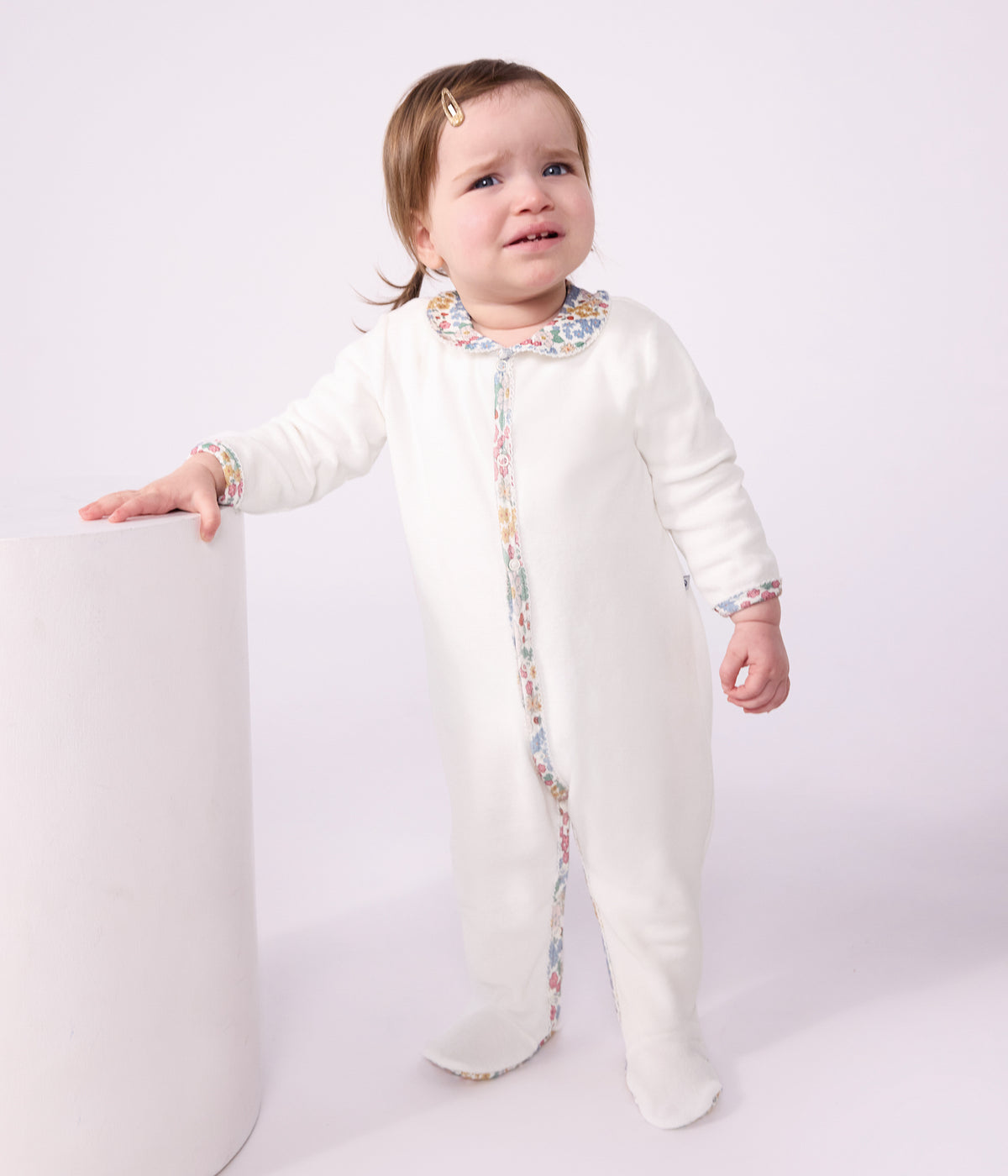 pyjama bebe en velours uni avec col detail imprime a fleurs