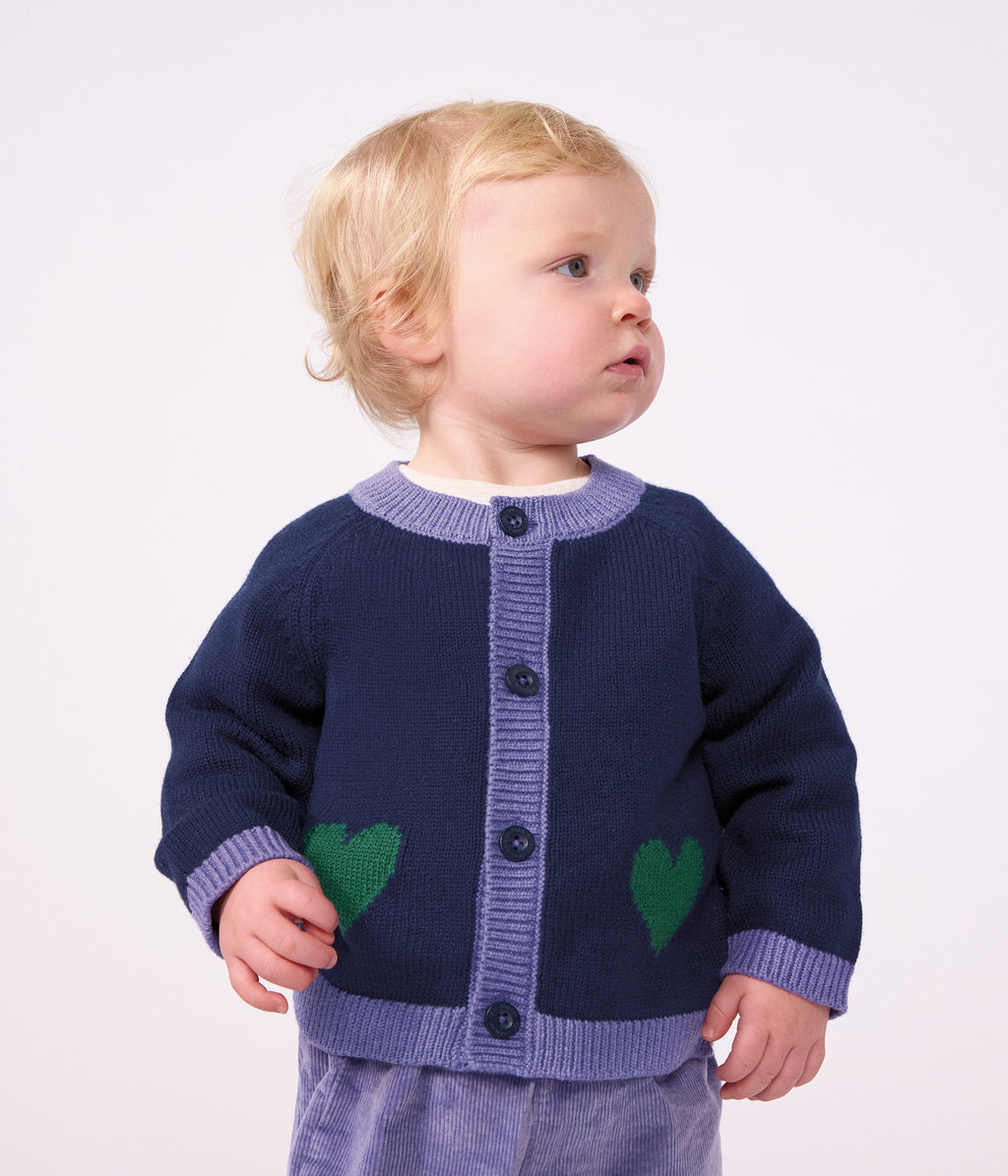 cardigan bebe en tricot laine et coton et motifs jacquards bleu