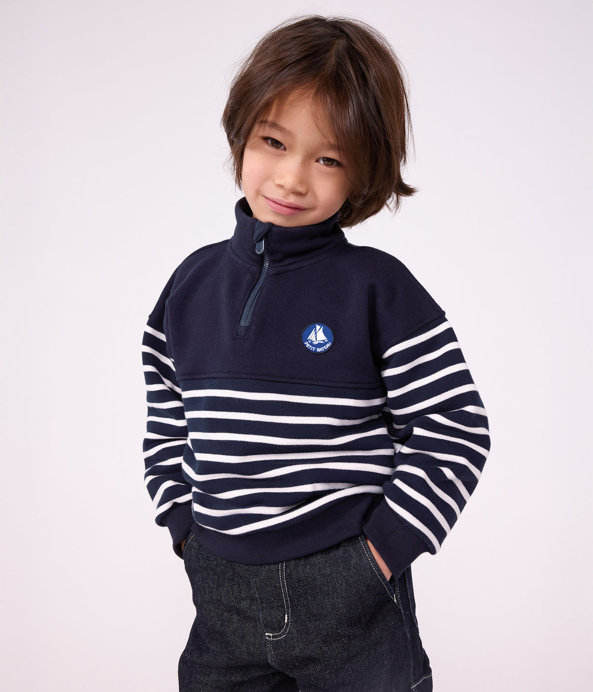 sweatshirt col camionneur enfant en coton a rayures