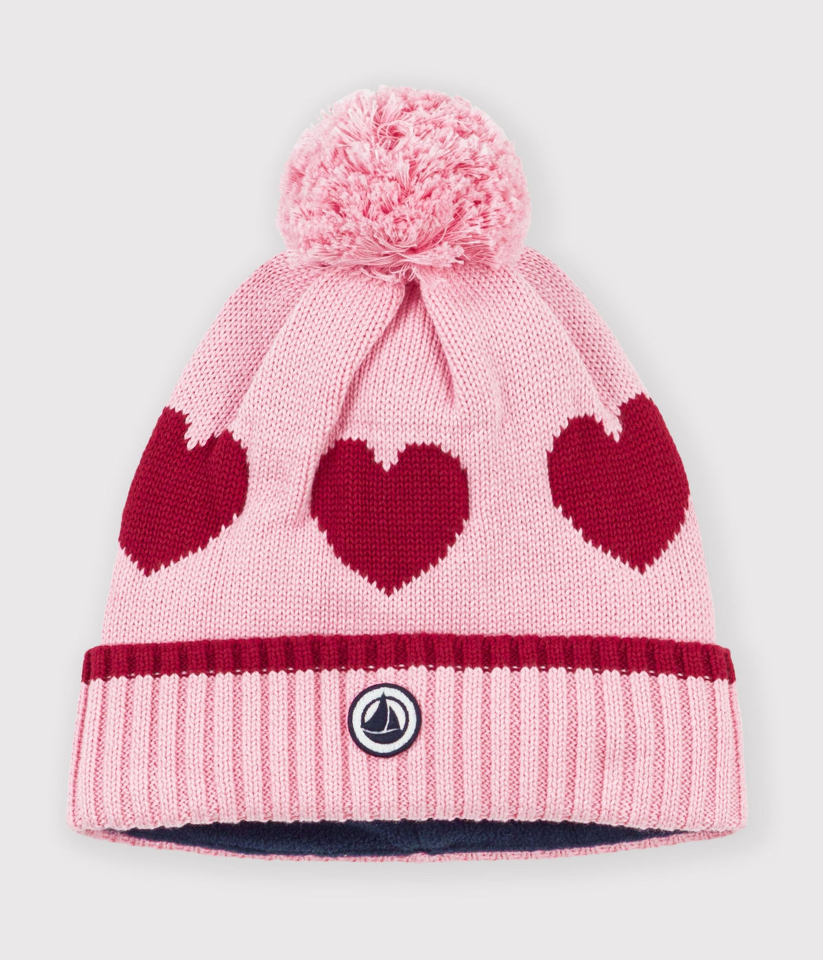 bonnet enfant jacquard en tricot double polaire rose