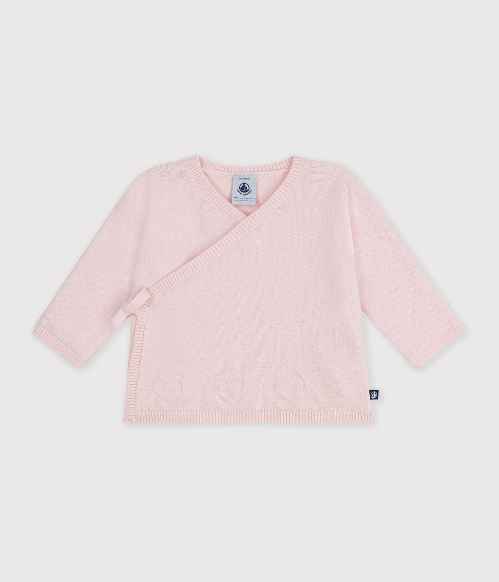 brassiere bebe cache coeur en tricot laine et coton ajoure rose