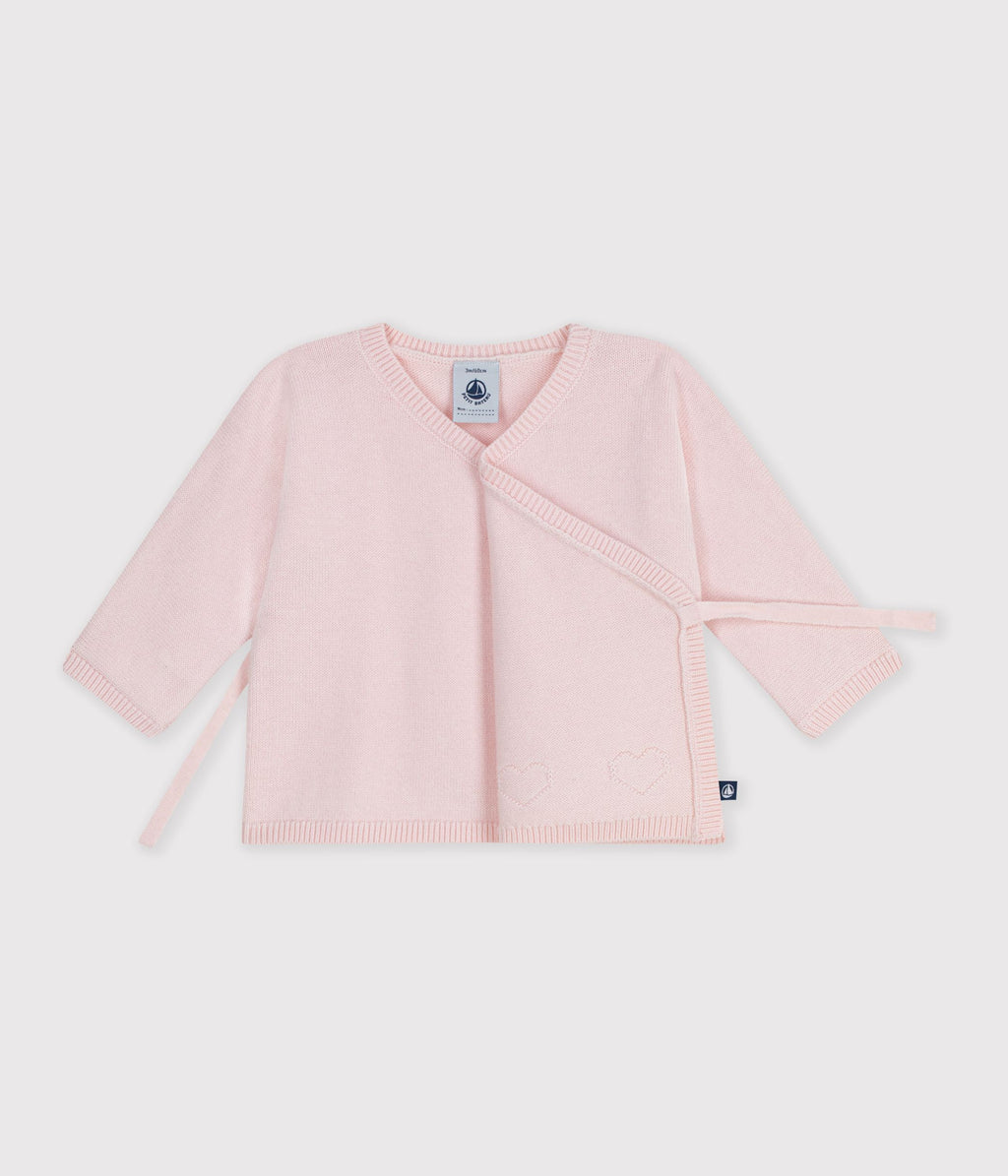 brassiere bebe cache coeur en tricot laine et coton ajoure rose