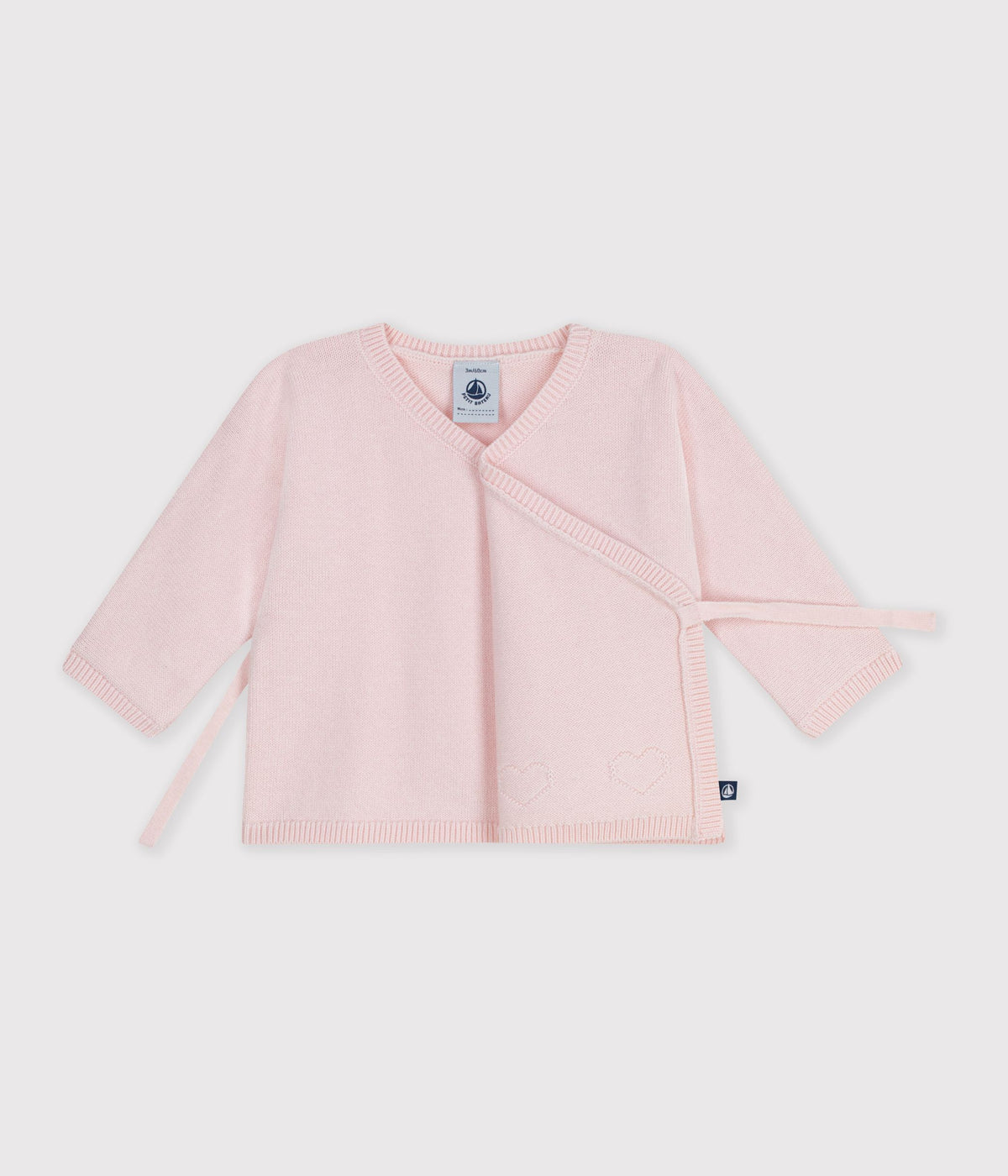 brassiere bebe cache coeur en tricot laine et coton ajoure rose