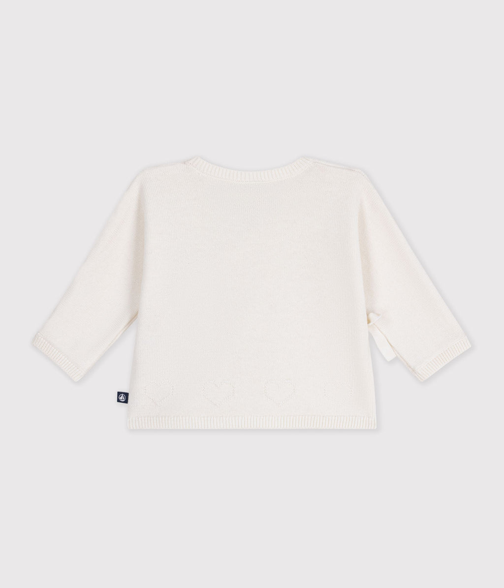brassiere bebe cache coeur en tricot laine et coton ajoure blanc