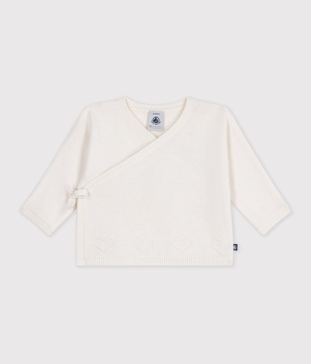 brassiere bebe cache coeur en tricot laine et coton ajoure blanc