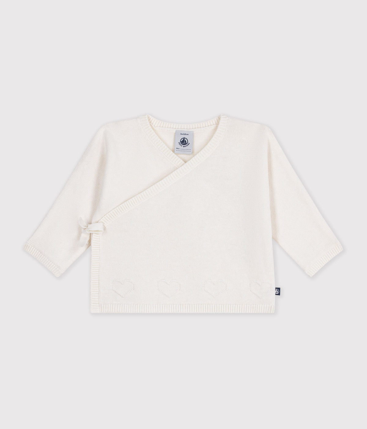 brassiere bebe cache coeur en tricot laine et coton ajoure blanc