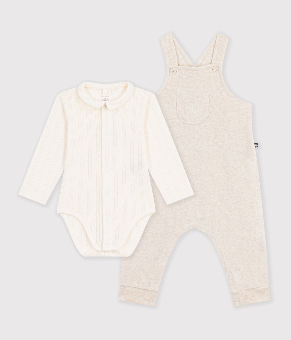 Cotton baby dungarees and bodysuit set with plain collar