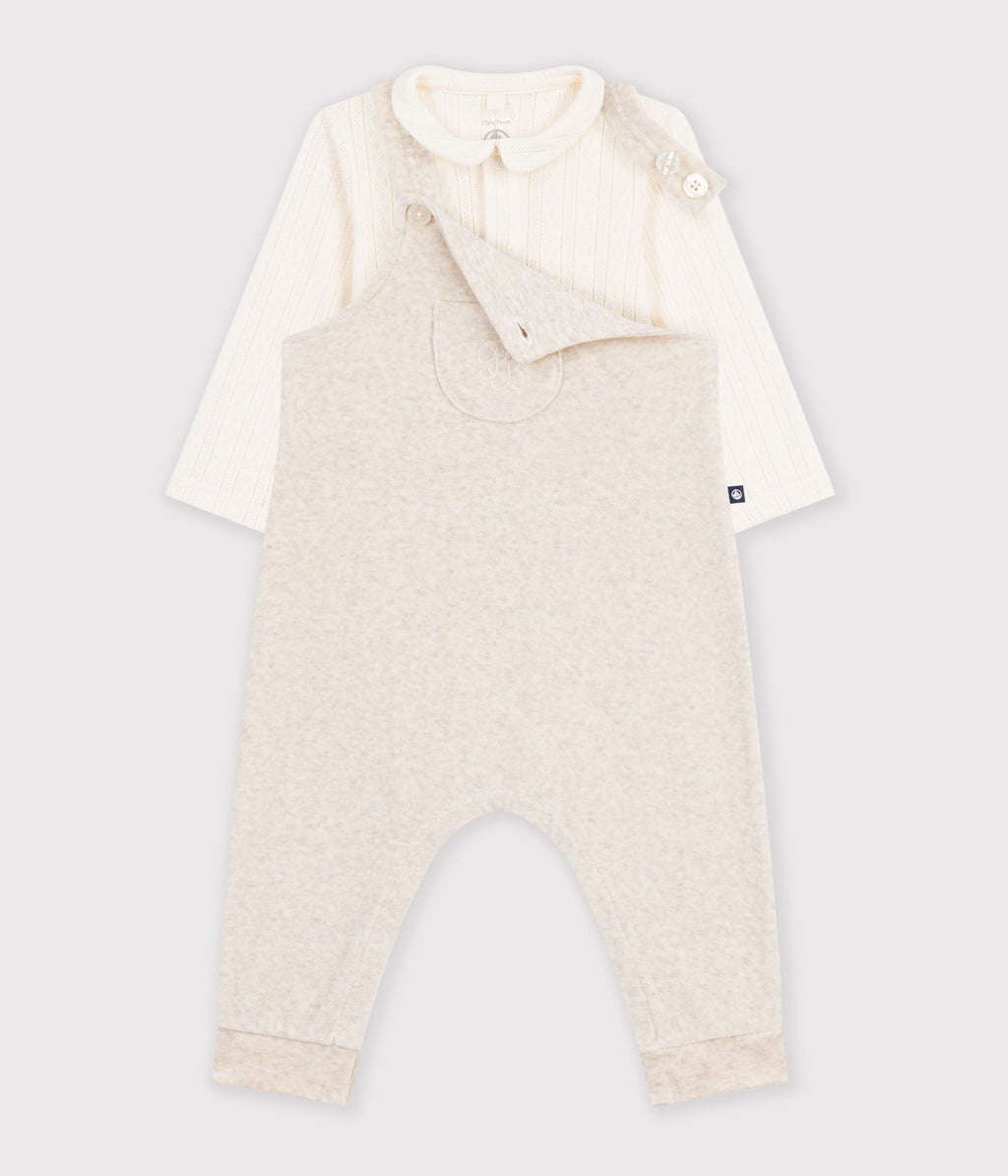 Cotton baby dungarees and bodysuit set with plain collar