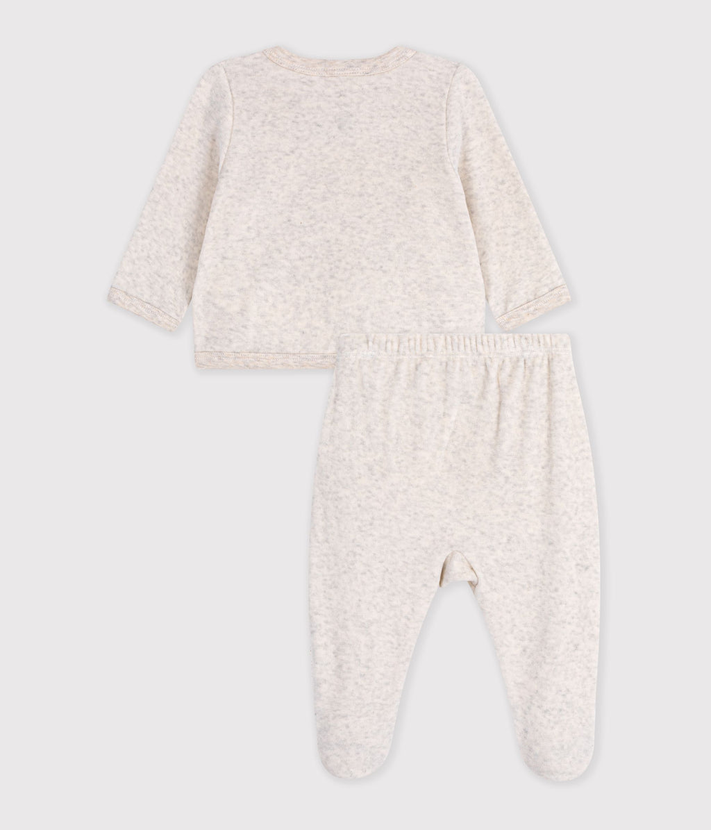ensemble bebe en coton brode poitrine uni beige