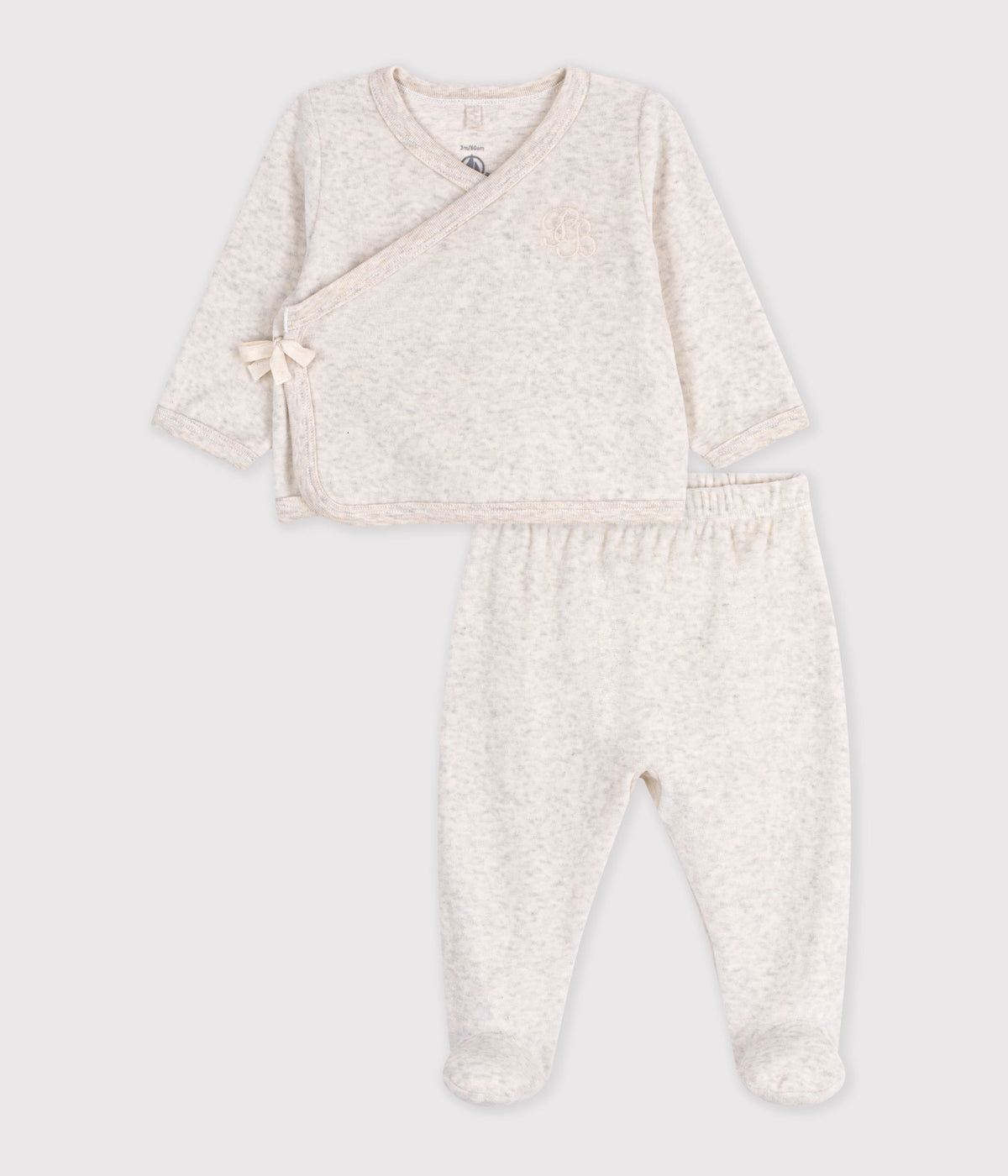 ensemble bebe en coton brode poitrine uni beige