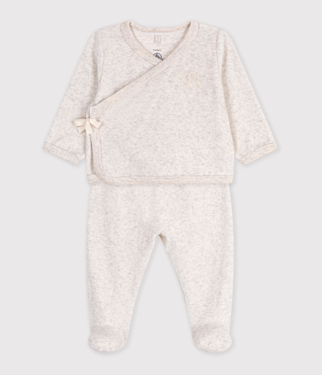 ensemble bebe en coton brode poitrine uni beige