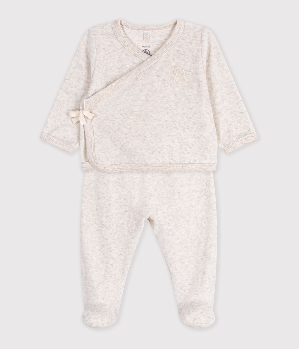 ensemble bebe en coton brode poitrine uni beige