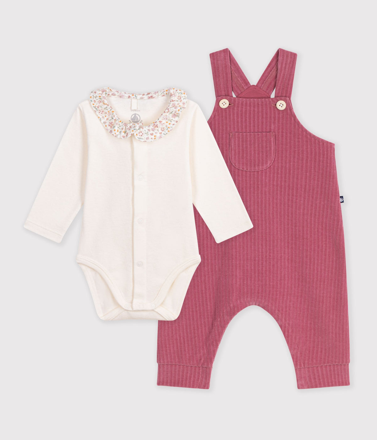 ensemble salopette et body bebe en coton avec col uni rose