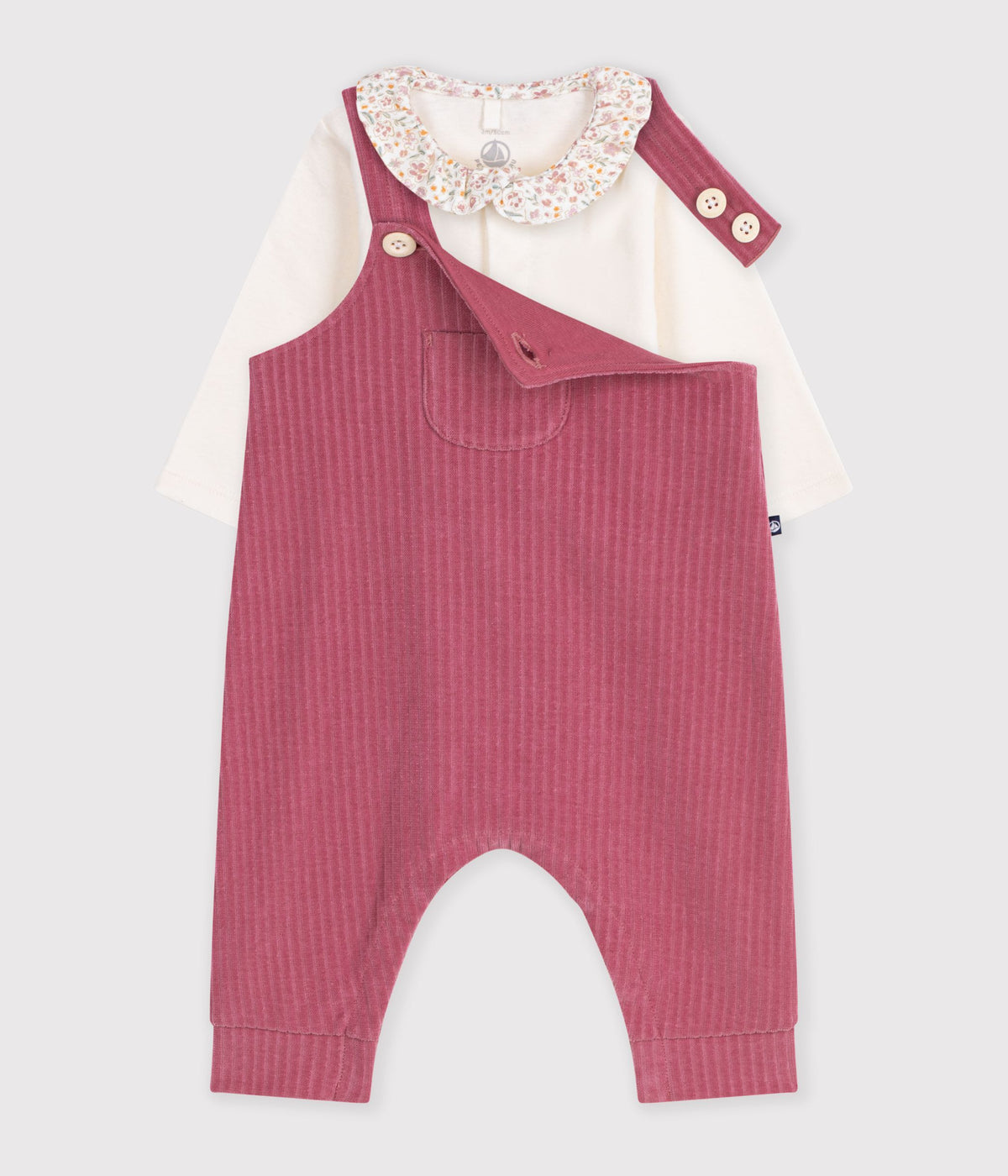ensemble salopette et body bebe en coton avec col uni rose