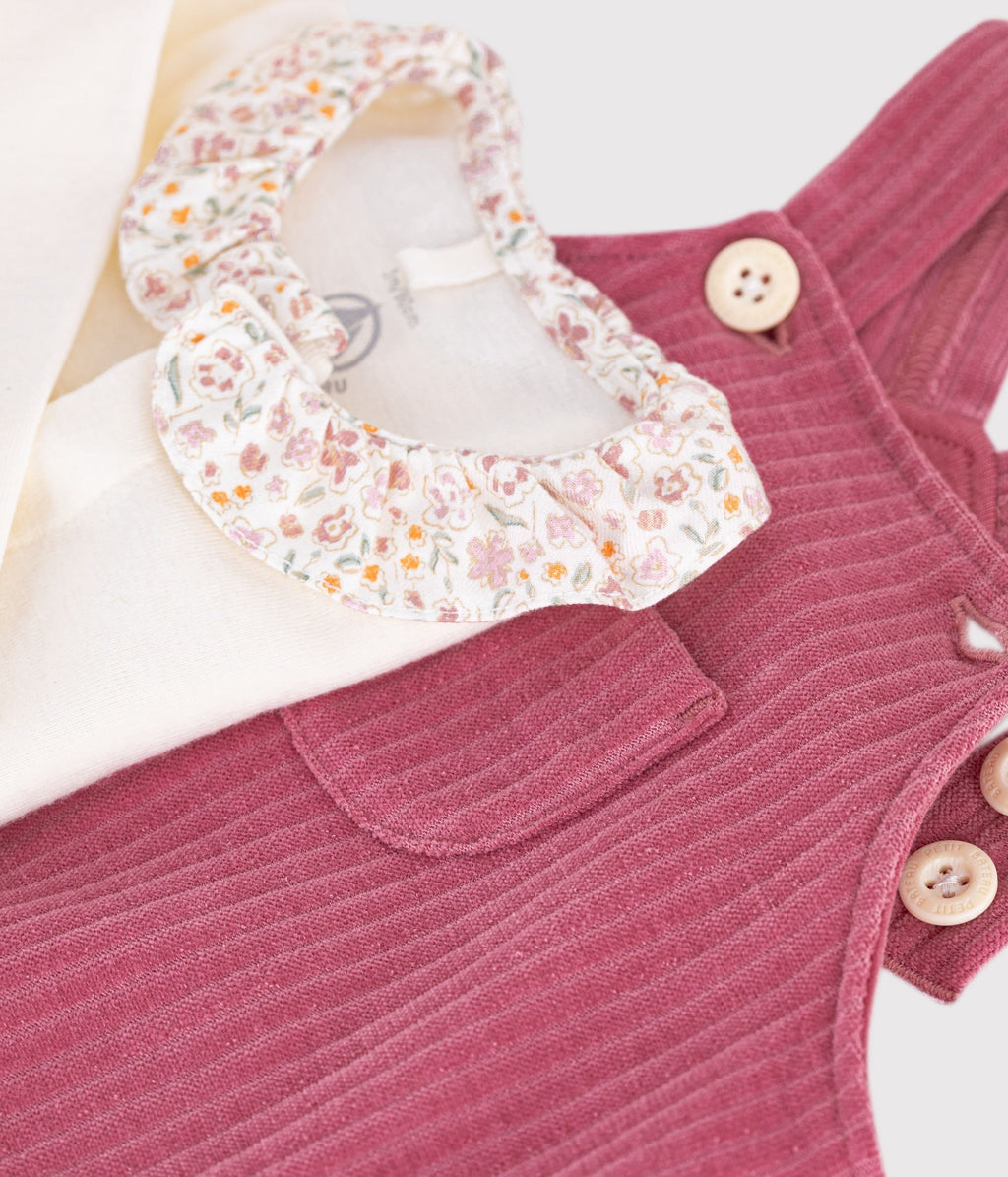 ensemble salopette et body bebe en coton avec col uni rose