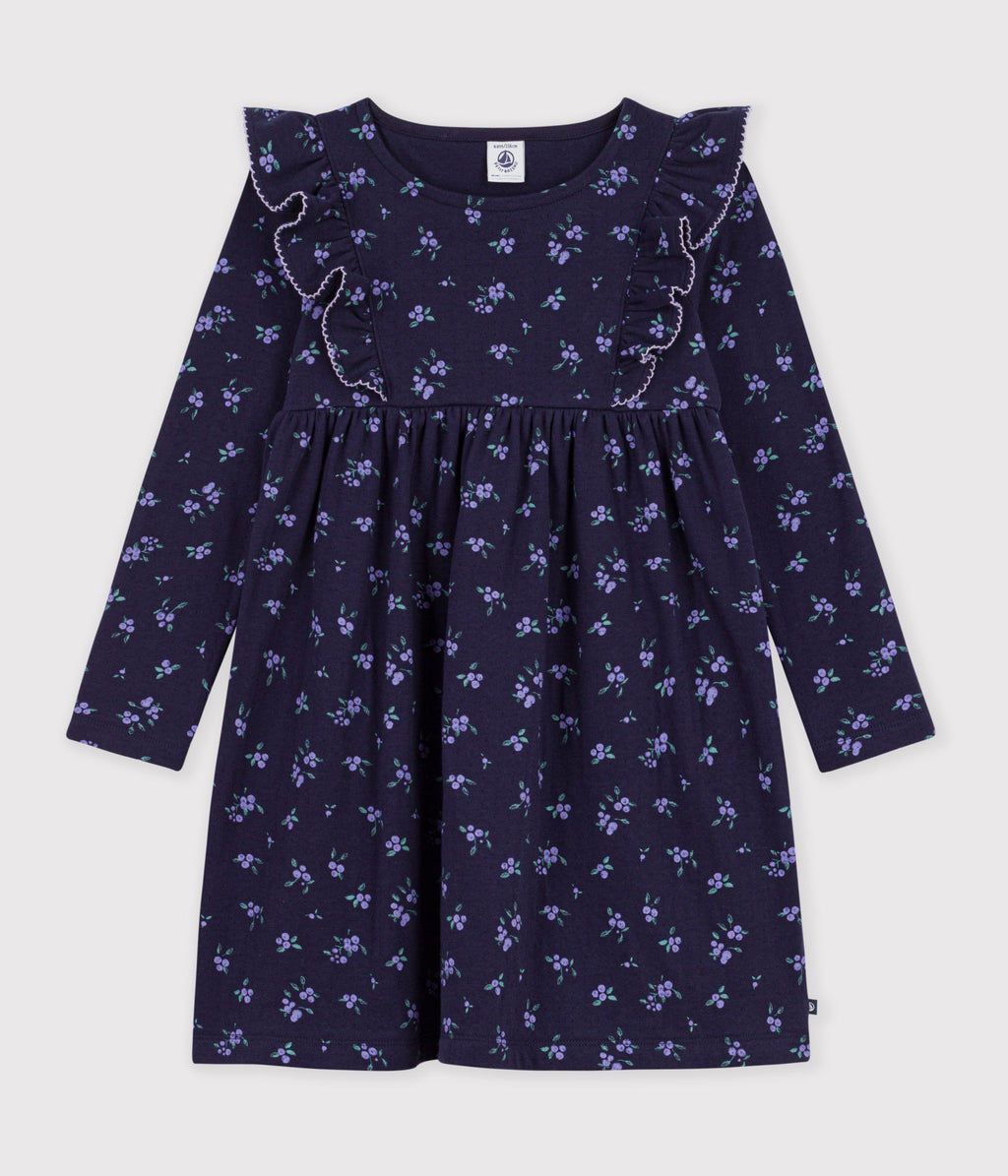robe enfant en coton manches longues a fleurs bleu