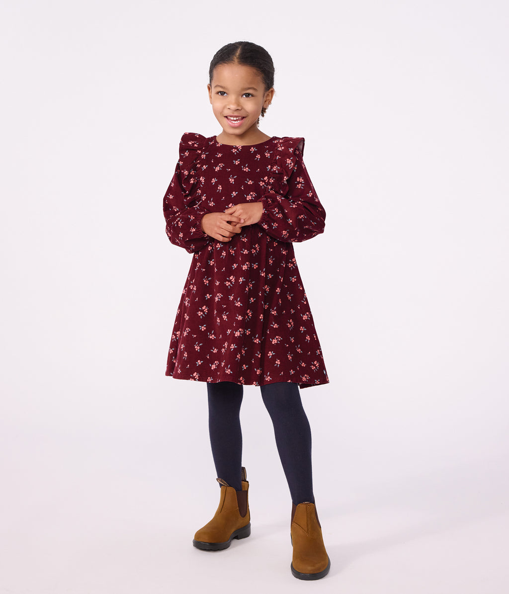 robe enfant en velours manches longues a fleurs