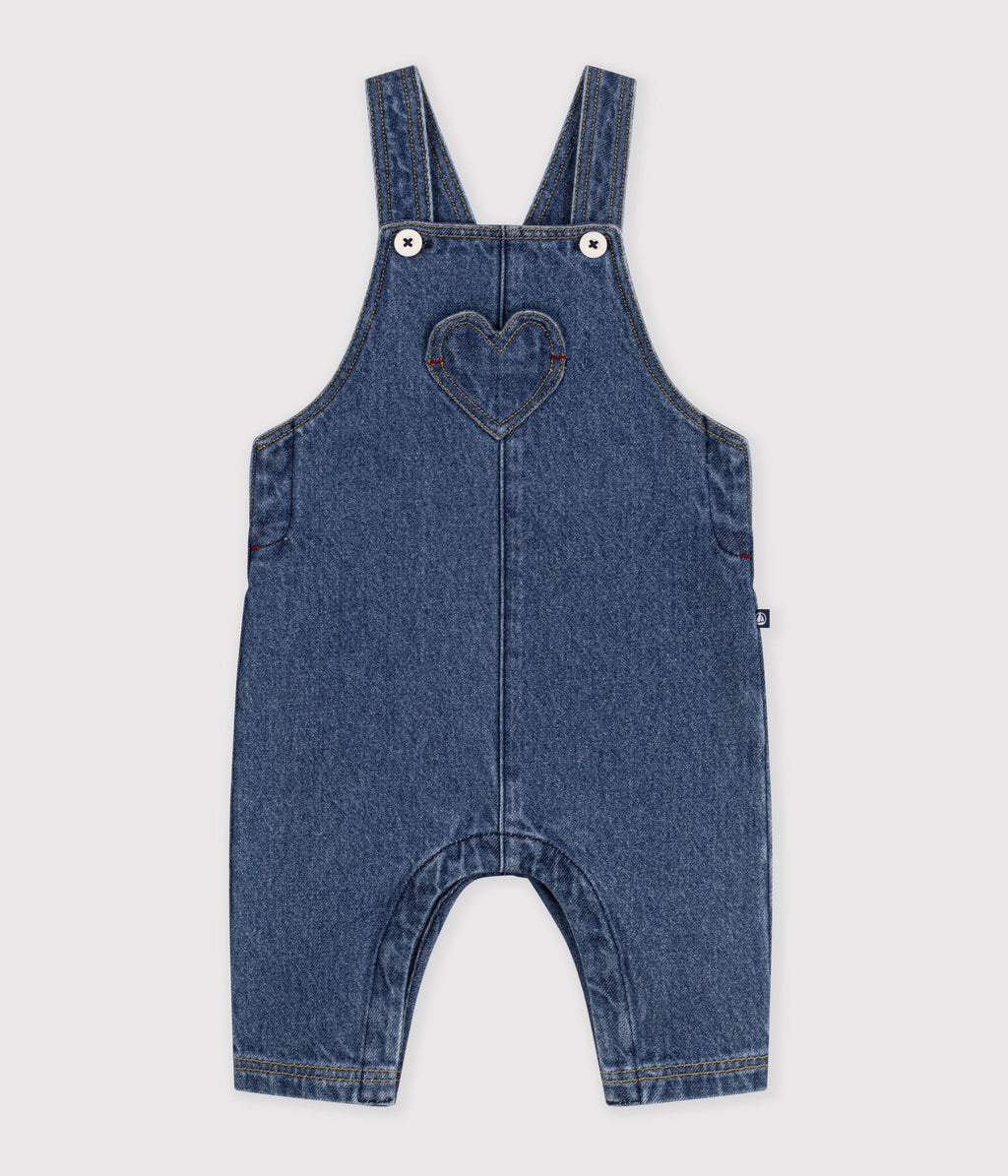 salopette bebe en jean jambes longues et poche coeur