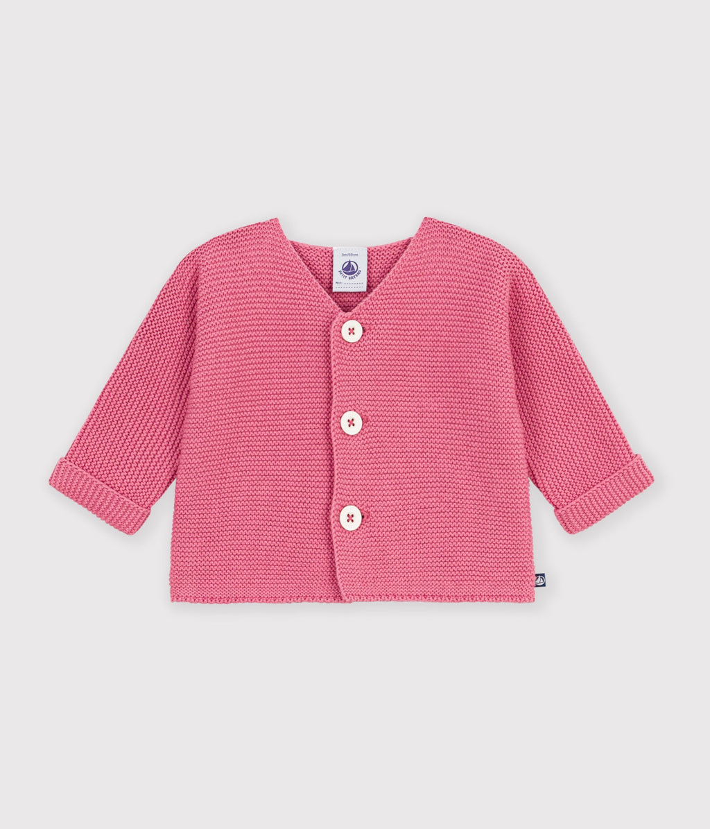 cardigan bebe tricot point mousse en coton uni rose