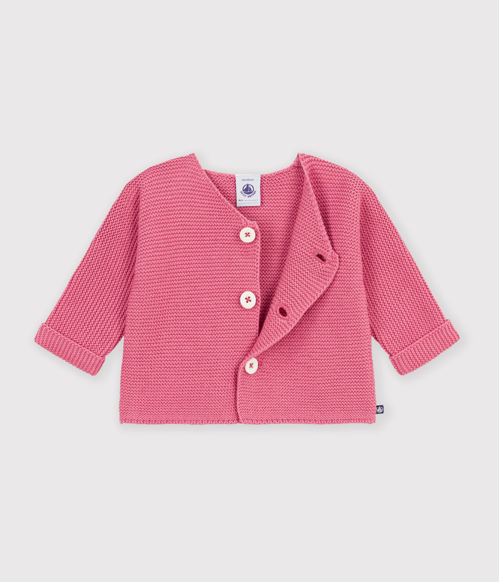 cardigan bebe tricot point mousse en coton uni rose