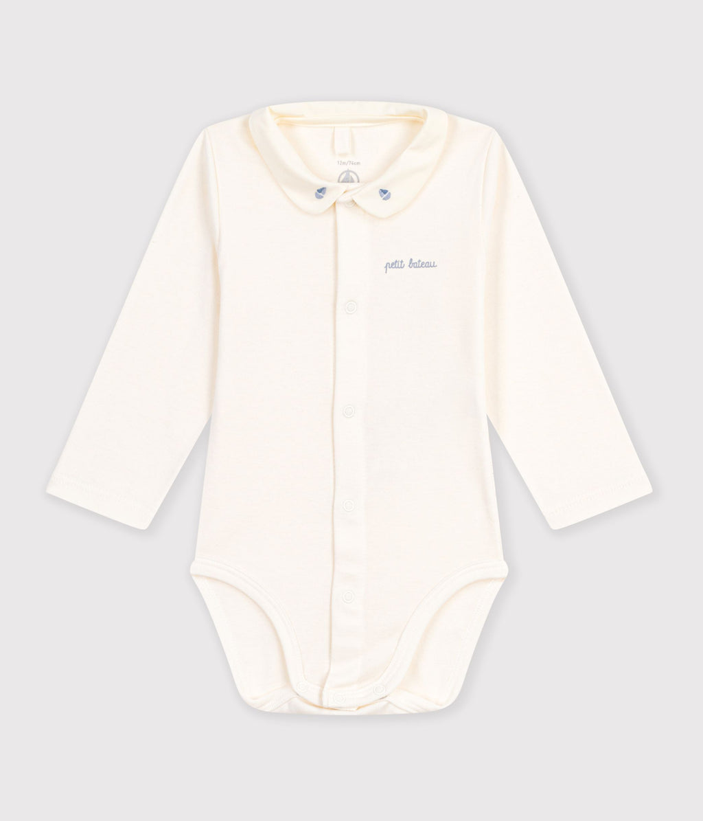 body bebe en coton manches longues a col brode uni