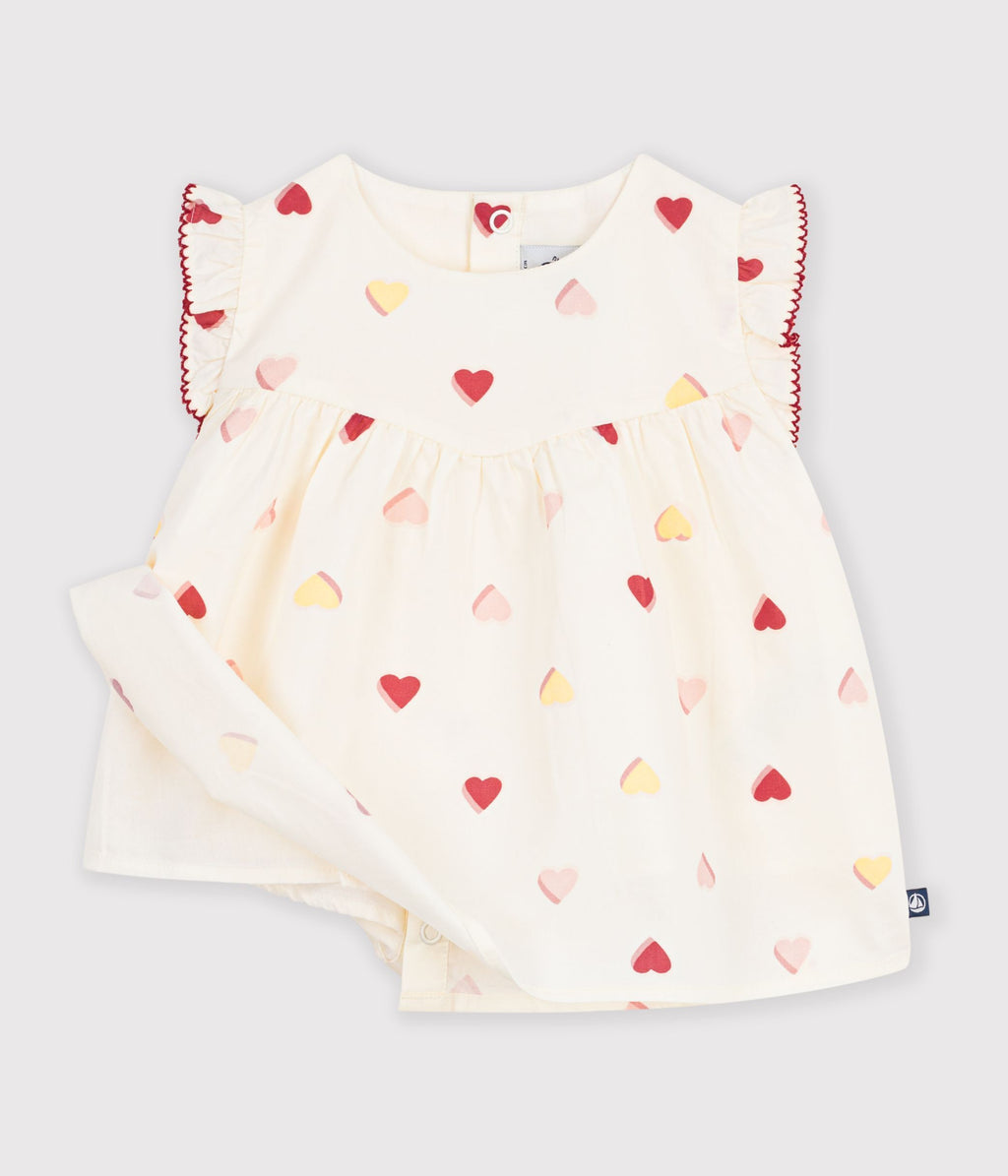 Sleeveless cotton poplin baby blouse with heart print