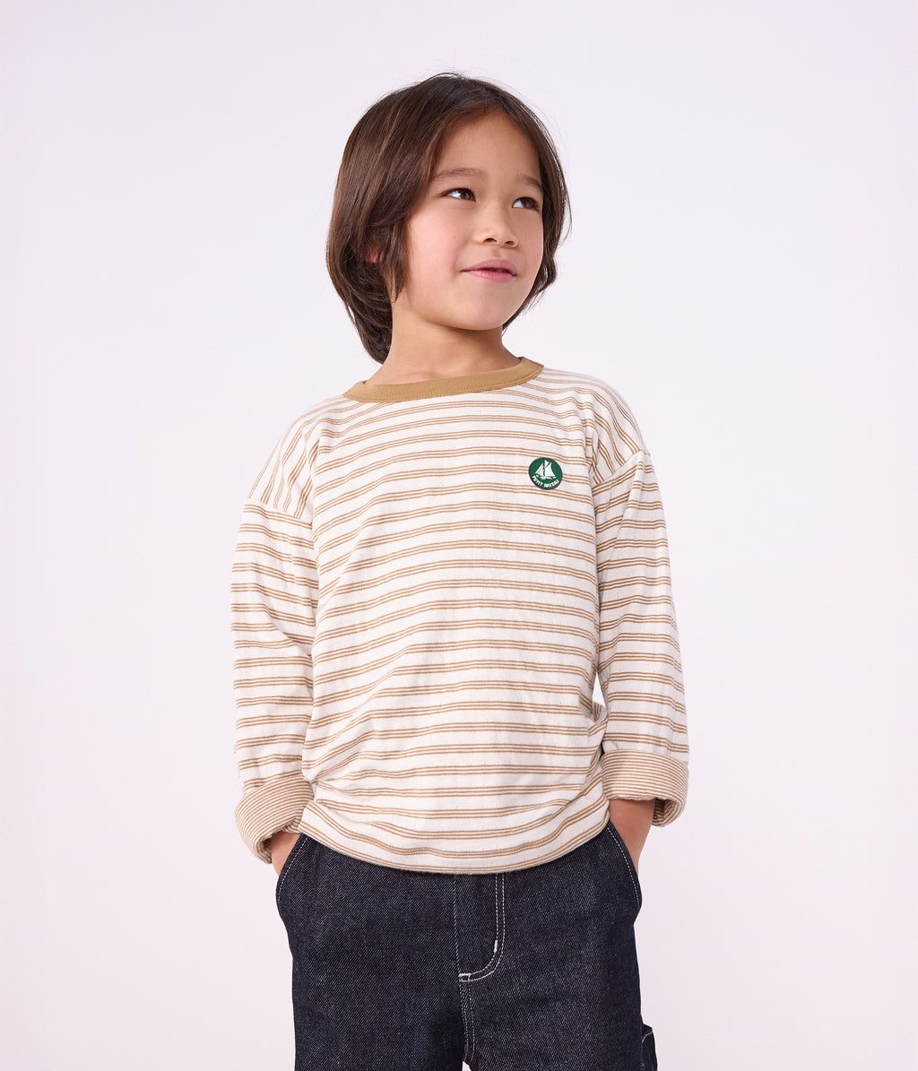 tee shirt enfant manches longues a rayures beige