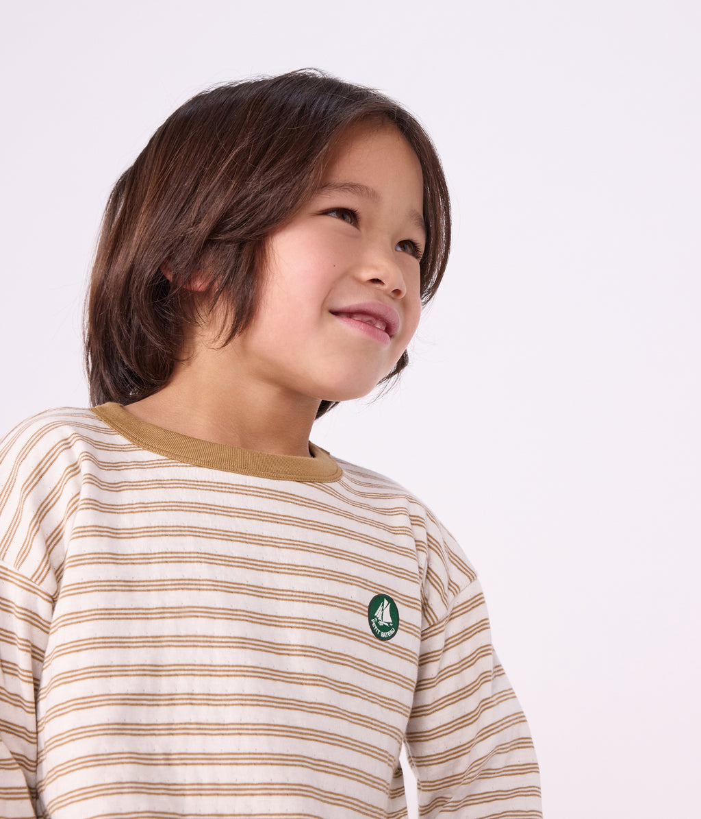 tee shirt enfant manches longues a rayures beige